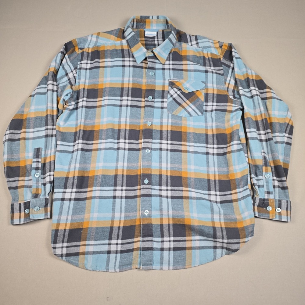 Columbia Mens XL Flannel Plaid Shirt Blue Orange Gray Button Long Sleeve